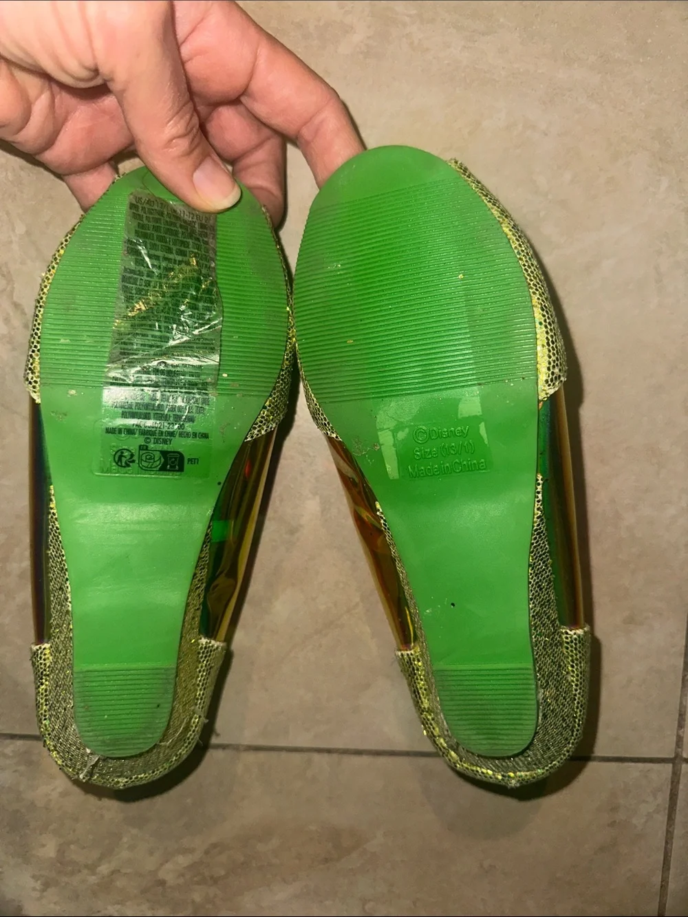 Disney’s Tinkerbell Glittery Wedges Peep-Toe Flats with White Jingling Pom Pom